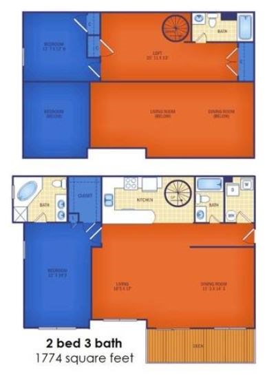Floor plan for 2 beds, 3 baths, 1774 sqft